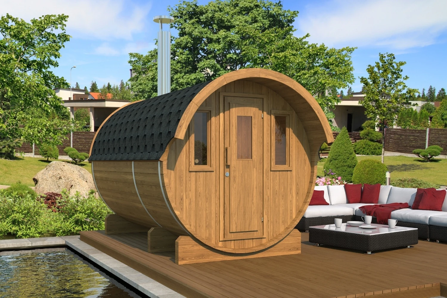 Gardenhouse24 Barrel Sauna 330 With Overhang 1 Gardenhouse24 Barrel Sauna 330 With Overhang
